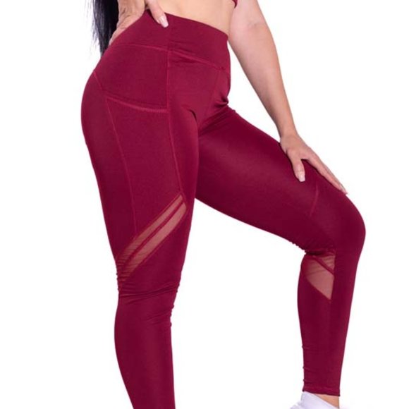 High-Waisted & Mash Panel Gym and Yoga Leggings with Side Pockets Burgundy - Picture 4 of 6